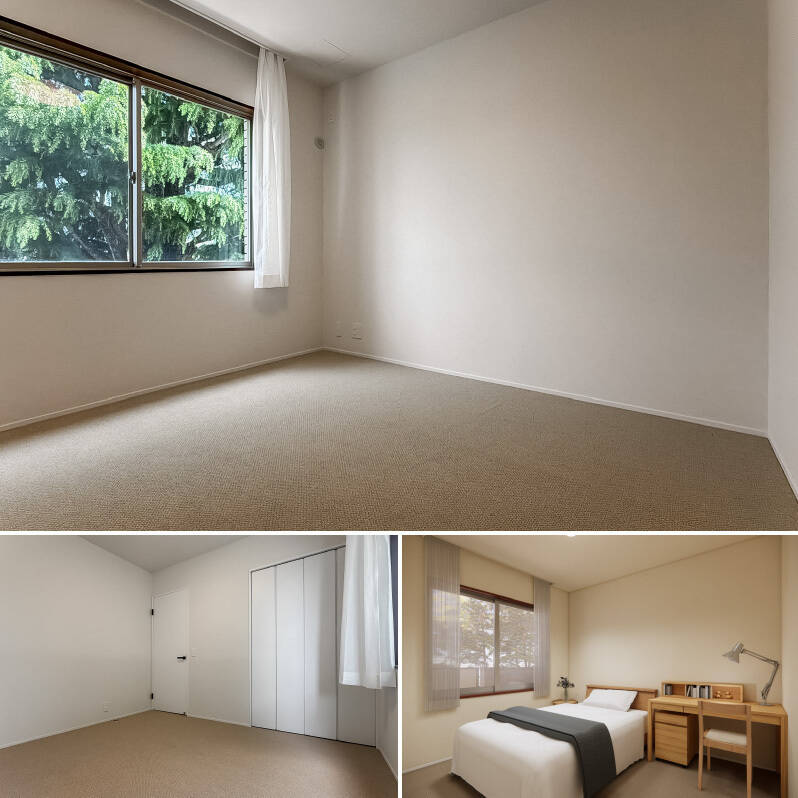 玄関を上がってすぐの場所に位置する、北東向きの洋室B。折れ戸2枚分のクローゼットが備わっています。セミダブルサイズのベッドとデスクを置けそうなサイズ感。（右下・CGイメージ）