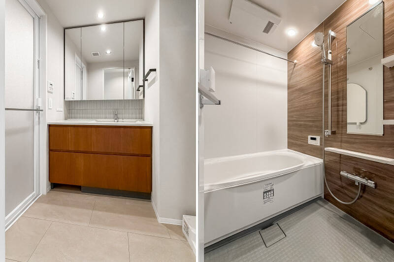 <p><b>左・</b>洗面台は、カウカモオリジナルを採用。毎朝の身支度を特別な時間に変えてくれそう。／<b>右・</b>ユニットバスは1317サイズで、追焚き機能・浴室乾燥機付きです。</p>