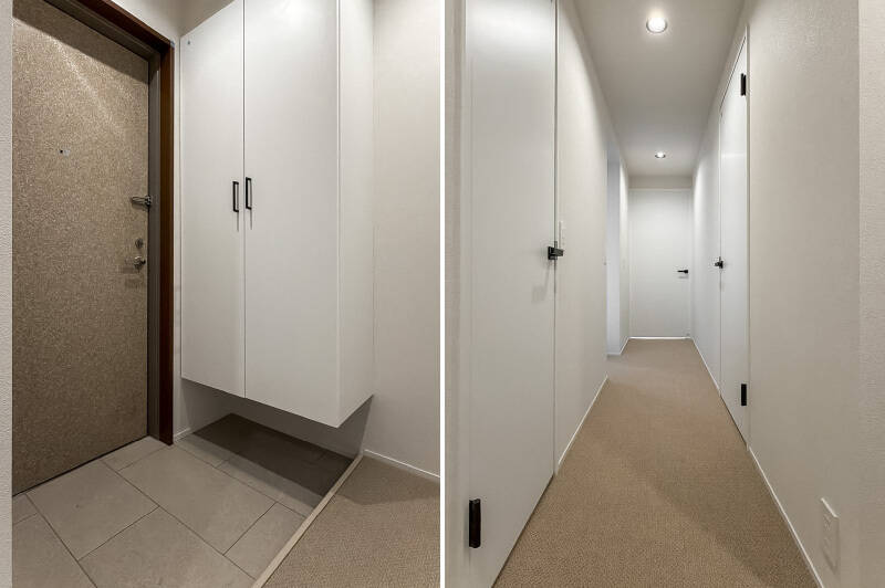 玄関まわりは、シンプルで落ち着きのあるデザイン。シューズボックスはトールサイズを採用します。