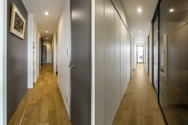 専有面積が約112㎡もあるため、廊下が長いですね……！ LDKとは反対側に洋室やサービスルームが固まっているので、パブリックな空間とプライベートな空間をきっちりと分けられます。