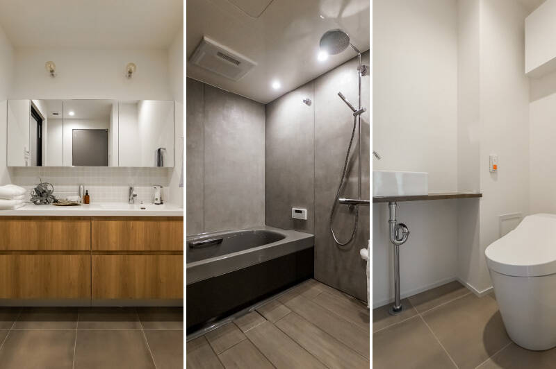 <b>左・</b>洗面台は、白のスクエアタイルがあしらわれ清潔感のある雰囲気です。／<b>中央・</b>バスルームはグレーで統一され、オーバーヘッドシャワーが備わったラグジュアリーな造り。1618サイズで、浴室乾燥機が備わっています。／<b>右・</b>トイレは廊下沿いに独立。コンパクトな手洗いカウンターがついています。