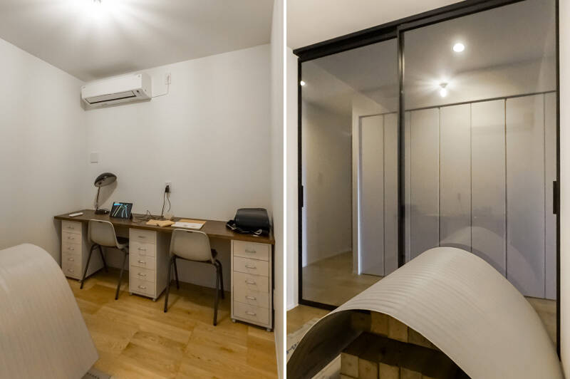 ガラス引き戸に薄く黒いスモークがかかっており、ほどよくプライベート感のある空間です。中の様子がほんのりとうかがえるので、こちらをお子さまの学習部屋にしてみてはいかがでしょうか？