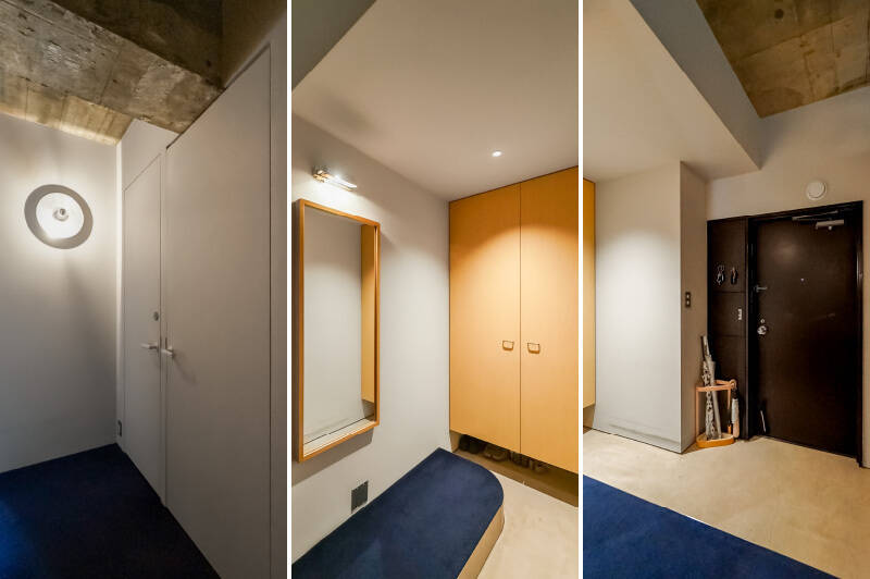 <b>左・</b>洗面室とトイレの建具には、約50年前のAlvar Aaltoのヴィンテージのハンドルを採用。随所のこだわりが光りますね。また洋室と廊下はブルーのカーペットフロア敷きで、ホテルライクな雰囲気を感じます。／<b>中央・</b>玄関にはトールタイプで大容量のシューズクローゼットが設置されています。／<b>右・</b>玄関土間は、一時的にベビーカーや宅配物を置けるゆとりのある広さです。