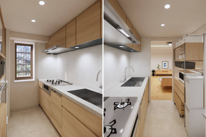 キッチンはLDからやや奥まった場所に配置することで、生活感を抑えやすいデザインに。3口コンロタイプで、食洗機を完備しています。