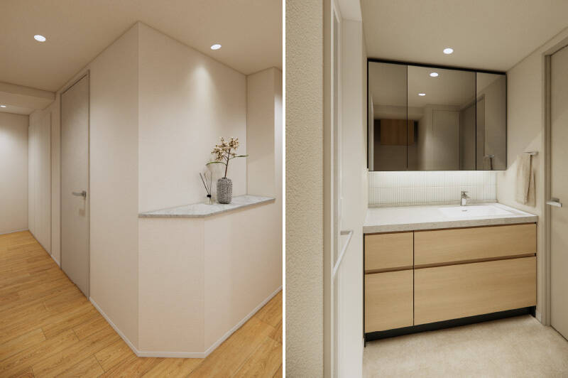 <b>左・</b>廊下のコーナーには棚を設け、季節のお花などを飾りやすいスペースに。／<b>右・</b>洗面台は木目をベースに、細長いタイルがアクセントになったデザイン。忙しい時間帯の身支度もテンションが上がりそうですね。