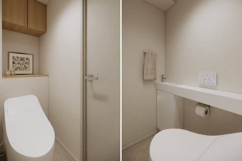 トイレは玄関近くからアクセスする間取り。手入れのしやすいタンクレスタイプで、手洗いボウル付きのカウンターを設けます。