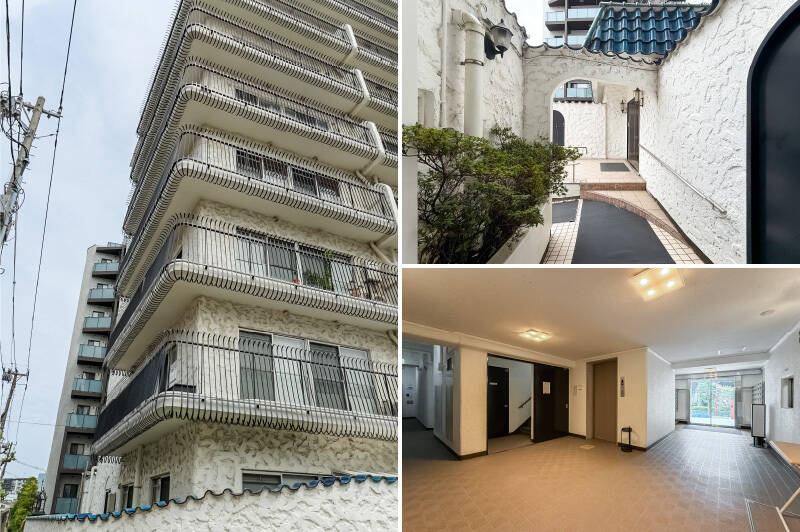 <p><b>左・右上・</b>青の瓦屋根や凹凸のある壁面、アイアンの手すりなど、クラシカルな雰囲気に心がときめきます！<b>／右下・</b>きれいに整備されている印象のエントランス。8階の住戸まではエレベーターでアクセスします。</p>