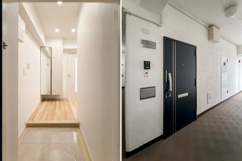 LDKへと続くガラス入りの扉から光が届き、廊下は明るい印象。フロートタイプのシューズボックスが備わっています。