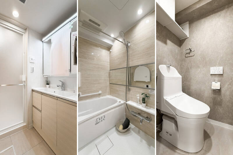 <b>左・</b>奥行きがスリムな洗面台。背面には洗濯機置き場があります。／<b>中央・</b>1216サイズのユニットバス。浴室乾燥機・追い焚き機能付きです。／<b>右・</b>トイレは廊下からアクセスします。