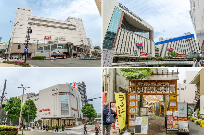 <p><b>左上・</b>複数路線が乗り入れる「大井町」駅。「アトレ大井町」が併設されており、お買い物をして帰れるのはうれしいポイント。（徒歩6分）／<b>右上・</b>「大井町」駅東口の目の前に建つ「きゅりあん（品川区総合区民会館）」。ビル内には「LABI LIFE SELECT（ラビライフセレクト） 品川大井町」のほか、深夜1時まで営業しているスーパー「西友 大井町店」も入っています。（徒歩7分）／<b>左下・</b>駅前のバス停近くには「イトーヨーカドー 大井町店」。週末のまとめ買いにどうぞ。（徒歩7分）／<b>右下・</b>マンションまでの道のりには、本格中華に日本酒やワインなど、飲んで食べてを楽しめる「大井町バル横丁」があります。（徒歩5分）</p>