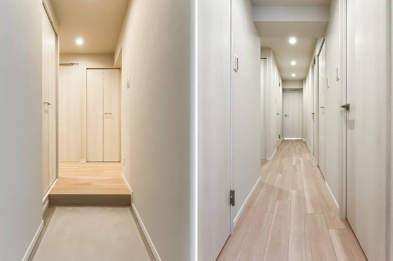 玄関まわりと廊下は、ホワイトを基調としたナチュラルな空間。トールタイプのシューズボックスを設置済みです。
