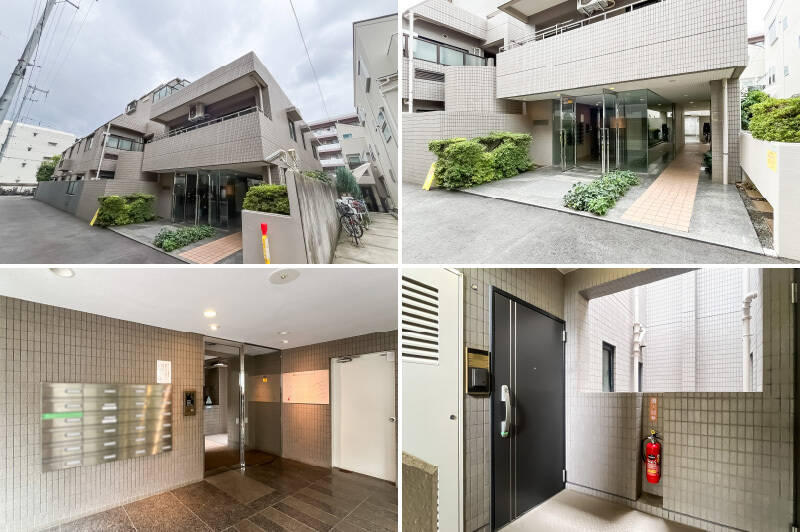 そしてこちらが、今回ご紹介するマンション。1987年に竣工した新耐震基準適合の建物で、エントランスはオートロック付きです。玄関扉はダブルロックタイプの新しいものに交換済み。