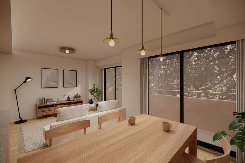 まずはLDKから、CGイメージでご紹介します。約16.1帖で、リビングとダイニングのスペースをそれぞれ余裕を持って設けられる広さです。