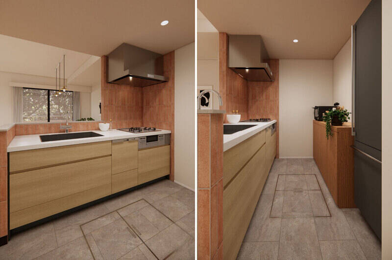 キッチンは、こちらの空間の主役となるオリジナルデザイン。カウンター部分には縦貼りのタイルを施し、どこかショップライクな佇まいに仕立てます。