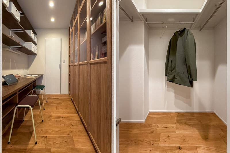 <b>左・</b>可動棚やブックシェルフ、カウンターデスクの下にも収納が用意されたワークスペース！ ほどよくお籠もり感があって、オンオフを切り替えやすそうです。奥の扉を開けてみると……／<b>右・</b>ウォークインクローゼット（WIC）が出現。コの字型に枕棚とハンガーパイプが配されています。
