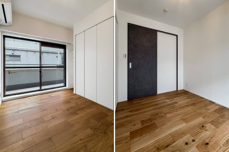 ワークスペースの隣に位置し、南西側のバルコニーに面しています。クローゼットのほか、可動棚収納まで用意されているのがうれしい。