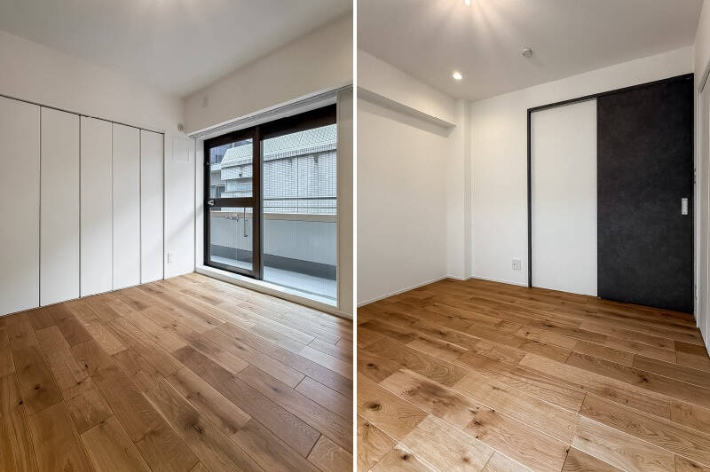 廊下に出てアクセスする洋室B。折れ戸3枚分のクローゼット付きです。