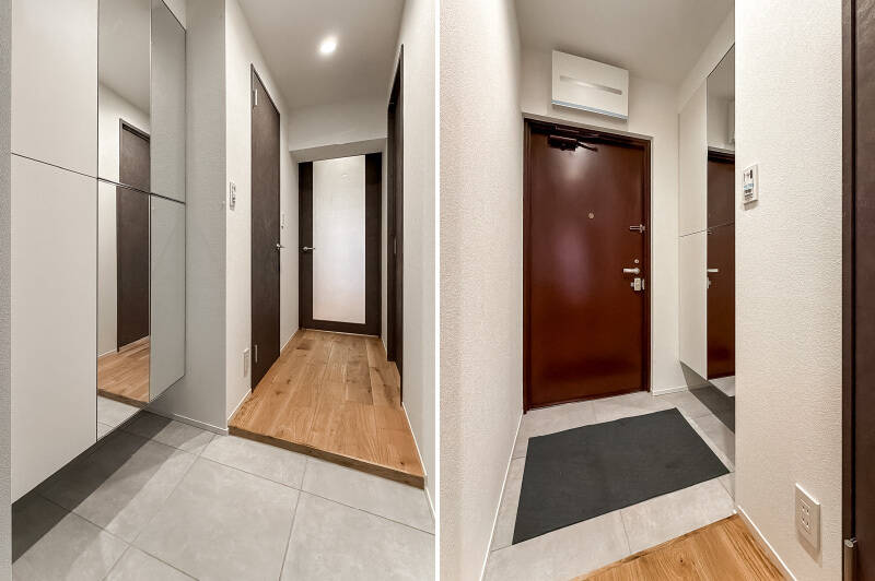 玄関には、大容量のシューズボックスが。姿見付きで、お出かけ前の身だしなみチェックを済ませられます。