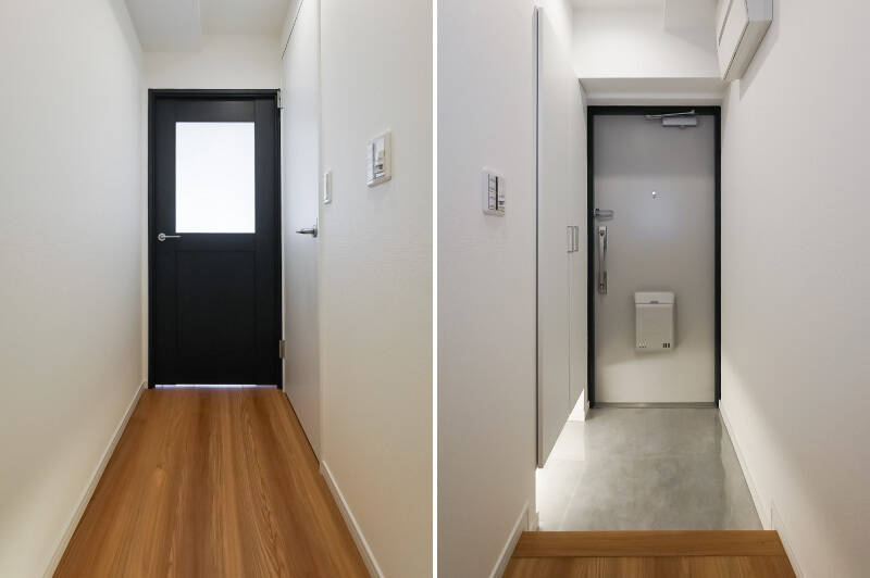 玄関扉を開けると、すぐ突き当たりにLDKが位置します。シューズボックスはトールタイプを採用しており、靴以外にも掃除道具などをまとめられそうな大きさです。