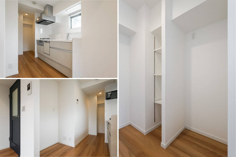 <b>左上・</b>キッチンは壁付けタイプで、空間に馴染むシンプルなデザイン。3口コンロと食洗機・浄水器付き水栓を完備しています。／<b>左下・</b>背面のスペースには余裕があり、カップボードを置くことが可能です。／<b>右・</b>さらに、奥にはパントリーとして使える可動式の収納棚と冷蔵庫置き場が。