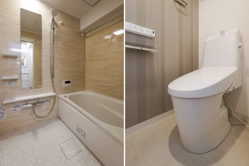 <b>左・</b>1216サイズの浴室乾燥機と追焚き機能付きのユニットバス。／<b>右・</b>トイレは洗面室からアクセスする間取りです。