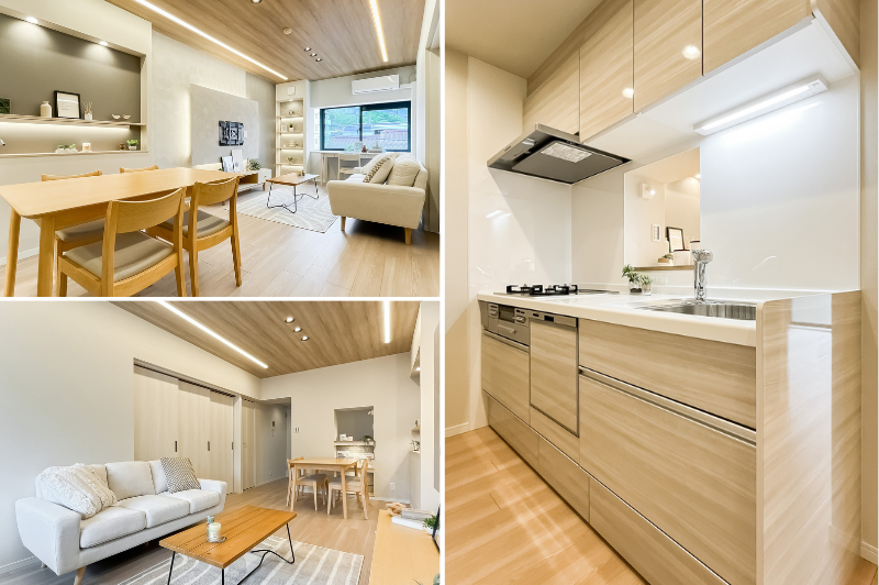 <b>左・</b>LDKは玄関扉を背にして右手の突き当たりに位置します。南向きの腰窓から暖かな陽光が差し込むリビングダイニング（LD）。／<b>右・</b>キッチンは3口コンロタイプで食洗機付き。生活感を抑えつつ、LDにいる家族とコミュニケーションが取りやすい対面式を採用しています。