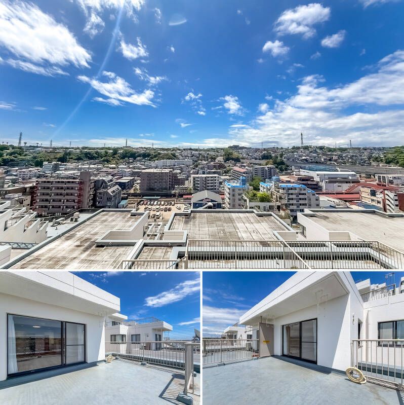 <b>上・</b>正面の眺望。八王子街道を走る車の音が少し聞こえてきます。／<b>下・</b>お隣や上階にも同じようにルーフバルコニーが付いているので、たまに『こんにちは！』とご挨拶する機会があるかもしれません。