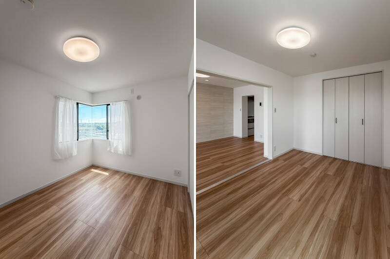 約6帖で、2枚の引き戸を閉めれば個室化完了。コーナーサッシ付きで開放的です◎