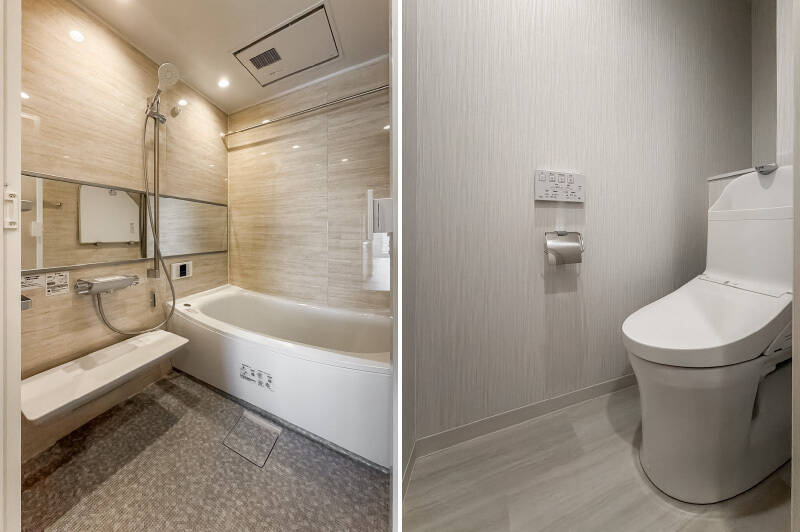 <b>左・</b>1317サイズの艶やかなユニットバス。衣類乾燥機能が付いているのはありがたい。／<b>右・</b>廊下沿いに独立したトイレ。