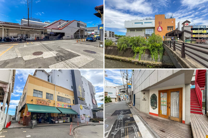 <b>左上・</b>マンションの最寄り駅は相鉄本線の「上星川」。乗車時間約13分で「横浜」駅まで到着です！（徒歩3分）／<b>右上・</b>駅の反対側、帷子川（かたびらがわ）沿いにある「天然温泉 満天の湯」。朝6時から深夜25時まで営業しているので、思い立ったらすぐ温泉に浸かれます！（徒歩7分）／<b>左下・</b>そんな温泉施設と同じ建物内にあるスーパー「そうてつローゼン 上星川店」。湯上がりに買い物して帰る……理想的な動線です。（徒歩6分）／<b>右下・</b>地域とのつながりを大切にされている「Banyan Tree Bakery（バニヤンツリーベーカリー）」。店内には美味しそうなパンがずらっと並んでいます。（徒歩5分）