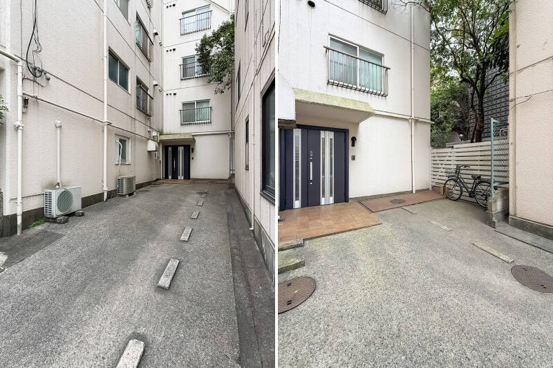 エントランスから建物に入って……と思いきや、なんと今回ご紹介する住戸にはマンションの側面からアクセスします。玄関ドアまでのアプローチ部分には車を2台分縦列駐車でき、ここの専用使用権が付いてきます。