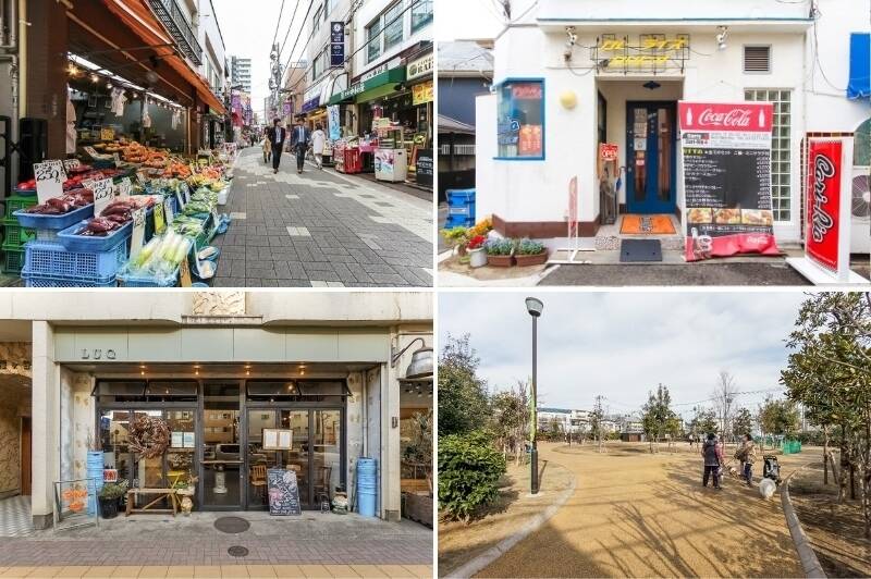 <b>左上・</b>「六号坂通り商店街」は食料品や日用品まで揃う、懐かしさを残した商店街。飲食店も多く軒を連ねています。（徒歩9分）／<b>右上・</b>そのひとつ「カレーライス Cari-Rio（カリヒオ）」は、カレーマニアたちからの評価が高い名店。ライスはもちろん、パンで食べるカレーなど、インド式と欧風式がミックスされるような新しさを感じるスタイルがやみつきになります。（徒歩9分）／<b>左下・</b>こちらは朝8時から営業するカフェ「LUG HATAGAYA（ラグ 幡ヶ谷）」。仕事終わりのディナーにも。（徒歩7分）／<b>右下・</b>大きな公園もあります。「幡ヶ谷ひだまり公園」は犬連れOKで、絶好のお散歩コースになりそう。（徒歩6分）