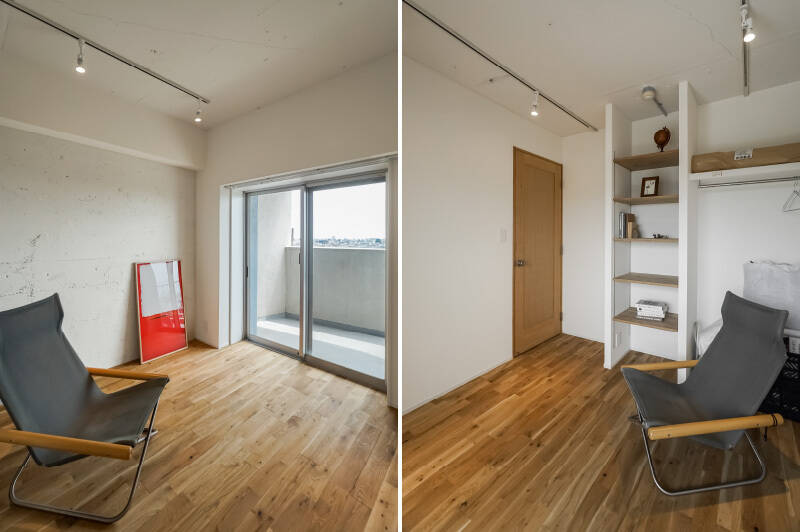 洋室Ａは、バルコニーに面した南東向きの空間です。無垢フローリングや木製ドアに呼応するように、オープンシェルフの棚板も温かみある木製のものが採用されています。