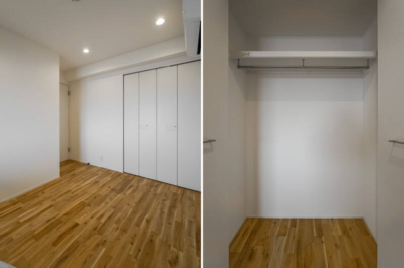 収納は、奥行きの深いクローゼットがひとつ備わっています。必要に応じてラックなどを追加するとよさそうです。