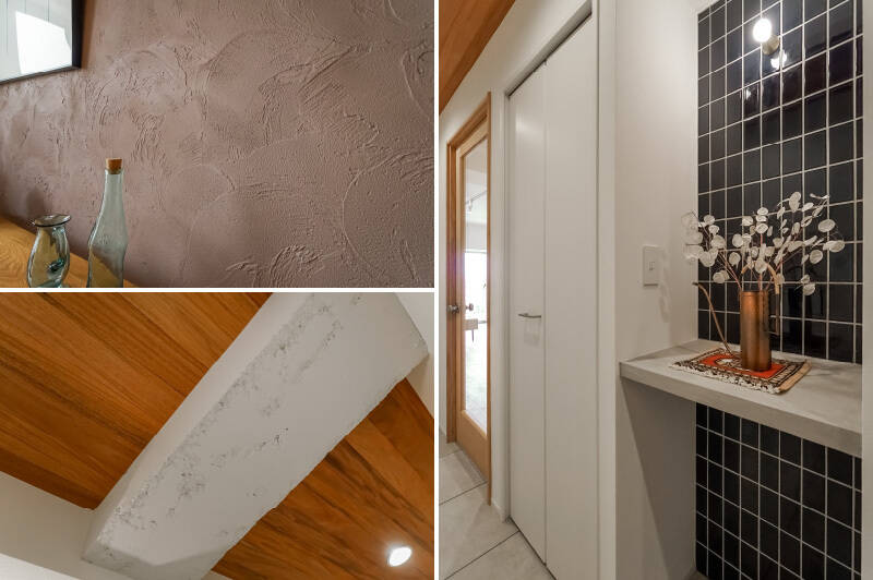 <b>左上・</b>リビングのシリカライム塗装は、職人さんがコテを使って動きのある表情に仕上げています。これだけで絵になりますね〜。／<b>左下・</b>ご内見時には廊下の天井の梁を見上げてみてください。ここだけ躯体現し＋白塗装なんです……気づいた時、おしゃれすぎて悶絶しました。／<b>右・</b>廊下には奥行きの深い物入れのほか、モルタル仕上げの小さなカウンターが造作されています。濃色のタイルがアートや花を引き立てる、マイギャラリーと呼びたくなる空間です。