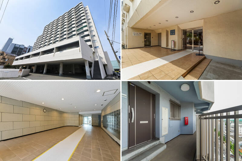 <b>左上・</b>目黒通り沿いに佇む、1970年竣工・総戸数150戸のマンション。下層階には様々なテナントが入居しています。／<b>右上・</b>住民用エントランスは、空気の落ち着いた裏通りに面しています。オートロック完備なのは見逃せないポイント！／<b>左下・</b>広々としたホール。／<b>右下・</b>住戸は12階に。波打つように凹凸と玄関扉が配されていたり、玄関前に小さな階段があったりと、各住戸のプライバシー性を高める細やかな工夫がされています。