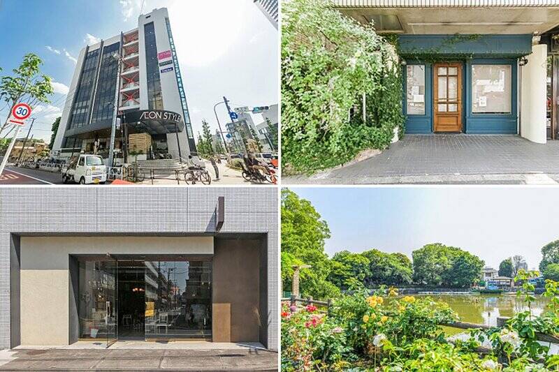 <b>左上・</b>マンションのお隣には大型スーパー「イオンスタイル 碑文谷店」が。この便利さは計り知れません。（徒歩2分）／<b>右上・</b>遠方からも通うファンがいるという「Patisserie JUN UJITA（パティスリー ジュンウジタ）」。来客を迎える日、家族の記念日など特別な日にいかが？（徒歩6分）／<b>左下・</b>ヴィンテージからリプロダクションまで、幅広いラインナップが魅力の家具屋「Lloyd’s Antiques Egoist（ロイズ アンティークス エゴイスト）」。（徒歩6分）／<b>右下・</b>大きな池を緑が囲む「碑文谷公園」。ペットの散歩はもちろん、お子さまとの遊び場所にもぴったりです。（徒歩7分）