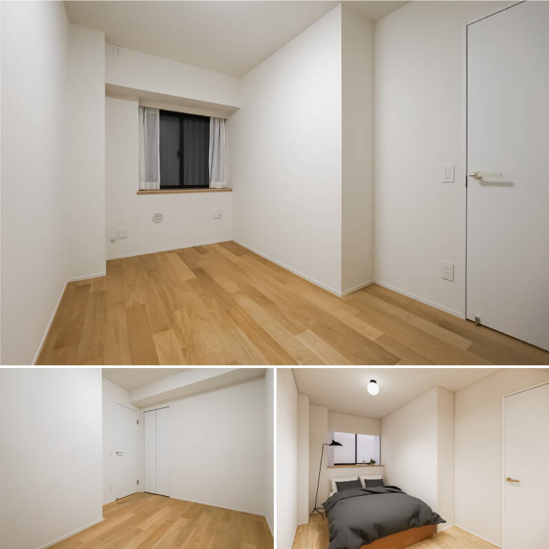 <b>上・</b>約5.3帖の洋室C。子ども部屋やワークスペースにぴったりです。／<b>左下・</b>折れ戸1枚分のクローゼットが備わっています。／<b>右下・</b>CGイメージではセミダブルベッドを配置。それでも空間にゆとりがあるので、スタンドライトやコンパクトなサイドテーブルも置けそうです。