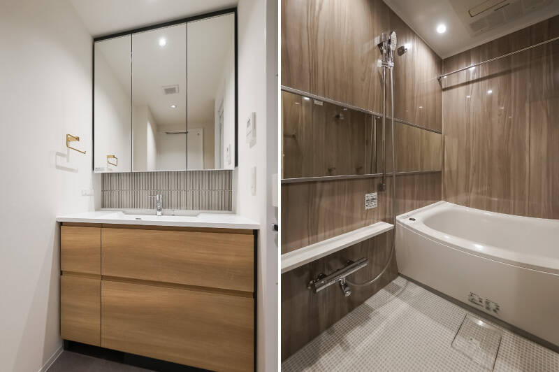 <p><b>左・</b>洗面室には、素材感にこだわったオリジナルの洗面台を設置。鏡の裏は収納になっており、生活感を隠して心地いい空間を保てます。／<b>右・</b>1317サイズのユニットバス。浴室乾燥機が備わっています。</p>