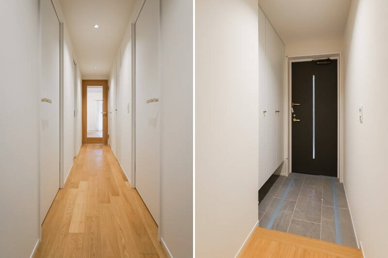玄関にはトールタイプのシューズボックスを配置。廊下はナチュラルなデザインで、突き当たりにあるLDKのガラス入り戸から光が入ります。
