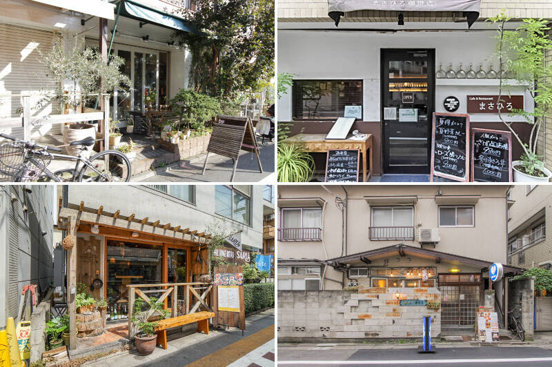 <b>左上・</b>アジアンレストラン「biji（ビジ）鷹番」。何を食べてもおいしいと評判で、デリのテイクアウトも可能です。（徒歩4分）／<b>右上・</b>コーヒーやスイーツはもちろん、食事メニューも充実した「まさひろ珈琲店」。（徒歩6分）／<b>左下・</b>「Lodge Bistro SARU（ロッジ ビストロ サル）学芸大学」は、『山の “いのち” をいただこう。』をコンセプトに国産食材にこだわるレストラン。（徒歩6分）／<b>右下・</b>チーズケーキが有名なカフェ「A WORKS（エーワークス）」。こういう雰囲気の隠れ家的なショップやカフェを所々で見つけられるのが、このエリアの魅力です。（徒歩9分）