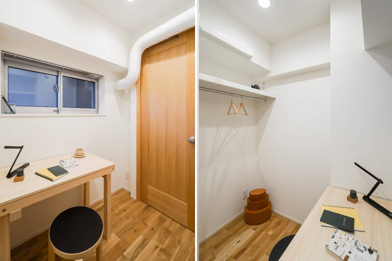 共用廊下に面した窓のある、約2.2帖のサービスルーム。集中して作業するのにちょうどいい “おひとり専用スペース” です。お気に入りのデスク＆チェアを置いて、書斎などにいかがでしょうか♡ もちろん納戸として使うのもアリです！