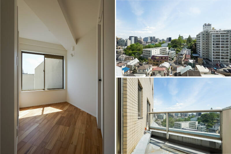 廊下左手を進んだ突き当たりには、南東向きの小さなバルコニーが。周辺に高い建物がないため、気持ちのいい空が広がります。窓の手前には物干しロープが備わっているので、こちらで室内干しも可能。