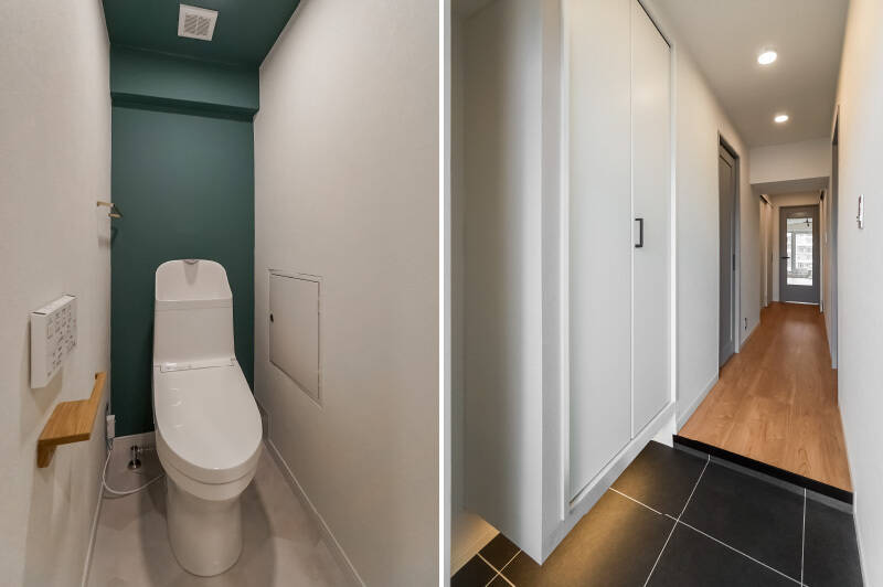 <b>左・</b>トイレは洗面脱衣室からアクセス。ブルーグリーンのアクセントクロスが可愛い空間です。／<b>右・</b>最後に玄関から。頼もしい靴収納が備わっているので横幅はややタイトですが、おかげで家族の靴の置き場所に困ることはなさそうです。