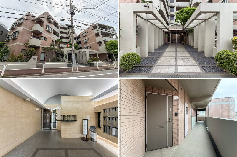 <p><b>左上・</b>都営三田線「蓮根」駅から徒歩13分の場所に位置する、1990年竣工・総戸数48戸のマンション。平成築ということもあり、外観にはまだ若々しさを感じます。／<b>右上・</b>幾何学的なフレームが連なるアプローチは、清掃の行き届いた美しい佇まい。共用部が丁寧に管理されている様子がうかがえます。／<b>左下・</b>エントランス正面には管理人室が。管理人さんは週6日勤務されていますよ。オートロックを抜けて、住戸へ向かいましょう！ ／<b>右下・</b>今回の目的地は、最上階である6階の三方角住戸です。</p>