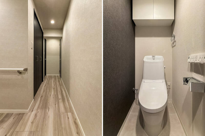 <b>左・</b>2階の廊下には、折れ戸収納がひとつ。突き当たり右の扉の先にはトイレがあります。／<b>右・</b>こちらが2階のトイレ。デザインは1階と統一されています。