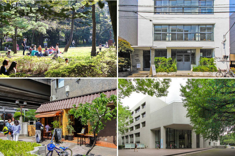 <b>左上・</b>広大な敷地を誇る「有栖川宮記念公園」は、休日のリフレッシュにちょうどいいスポット。（徒歩7分）／<b>右上・</b>“シンプルライフ・クオリティライフ” をテーマに、各国から永く使える家具や食器を集めたセレクトショップ「designshop（デザインショップ）」。（徒歩5分）／<b>左下・</b>白金商店街の入口にある「IL QUARTO PONTE（イル クアルト ポンテ）」は、おひとりでも気軽に食事やお酒を楽しめるイタリアンバル。カフェとしての利用もできますよ。（徒歩5分）／<b>右下・</b>約35万もの蔵書を扱う「東京都立中央図書館」もご近所に。読書好きにはたまりません。（徒歩8分）