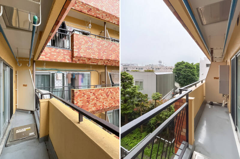 マンションの住居部分はL字型のつくり。住戸位置の関係で、バルコニーに出ると隣戸が視界に入ります。