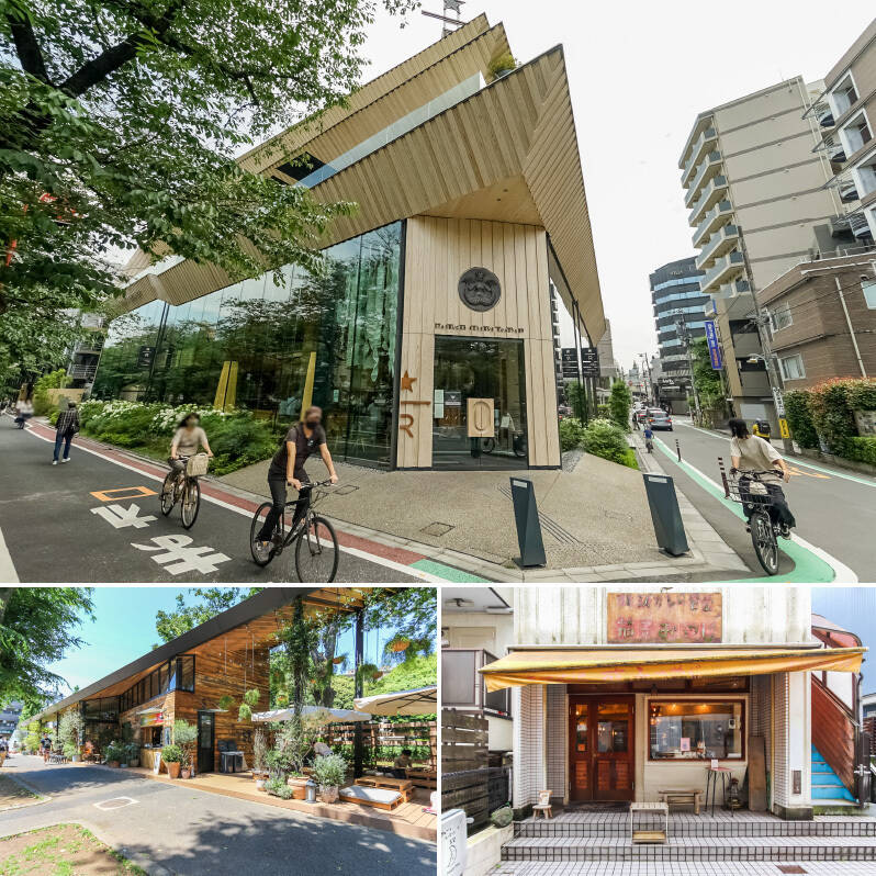 <b>上・</b>北東方面へ向かうと「中目黒」エリアへ。自転車で約9分の場所にある「スターバックス リザーブ ロースタリー 東京」でワクワクする空間や限定メニューを楽しんだあとは、目黒川沿いをのんびり散策するのもおすすめです。/<b>左下・</b>南西方面の「駒沢オリンピック公園」も自転車で約9分と、意外と身近。園内のカフェレストラン「Mr.FARMER(ミスターファーマー)駒沢公園店」(自転車で約10分)では、“世田谷育ち” の野菜を使った料理が評判ですよ♪ /<b>右下・</b>北方面へ進むと、路地カルチャーが根付く「下北沢」へ。カレー激戦区として知られる街ですが、中でも「茄子おやじ」(自転車で約10分)はぜひ訪れたいカレーハウス。どこか家庭的な見た目ながら、絶妙なスパイス感にハマるファンも多いそうです。