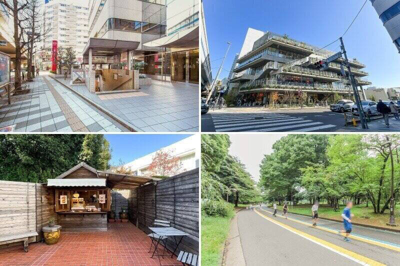 <b>左上・</b>最寄りの東急田園都市線「駒沢大学」駅から徒歩8分。／<b>右上・</b>駅前に開業したばかりのショッピングモール「駒沢パーククォーター」は、新たなランドマークとして注目のスポット。複数のテナントが入っています。（徒歩8分）／<b>左下・</b>「Angelo’s（アンジェロ）」は、ヨーロッパや中東、インドの伝統的なレシピをベースにアレンジしたメニューをいただけるベーカリー。マンションから徒歩2分で、立ち寄りやすい距離感です。／<b>右下・</b>「駒沢オリンピック公園」までは徒歩10分。ジョギングやサイクリングの専用コースがあり、アクティブに過ごす機会が増えそうです。